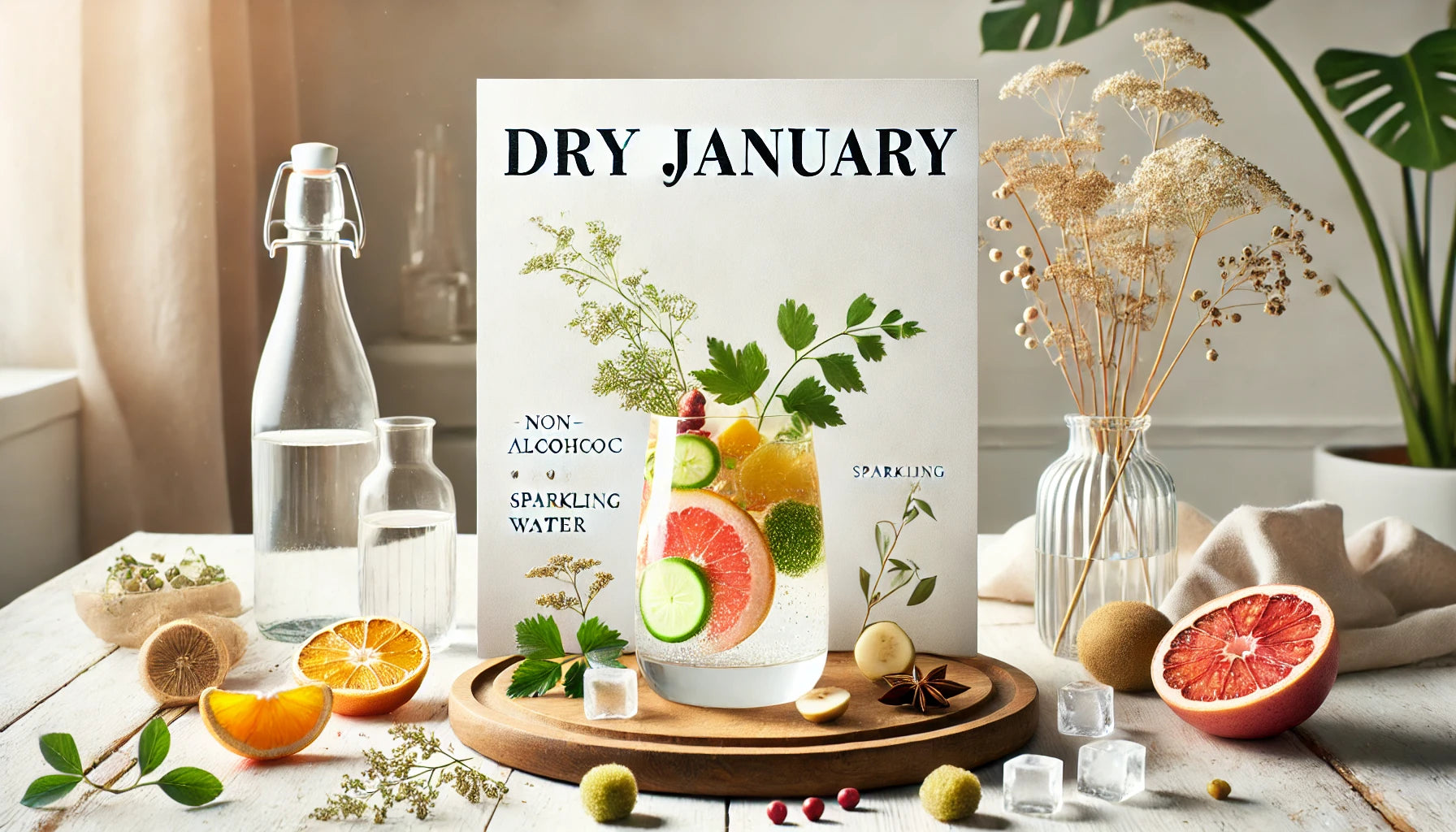 Illustration d'un verre de mocktail sans alcool avec fruits frais, représentant le concept du Dry January et ses bienfaits pour la santé | MAISON COCKTAIL