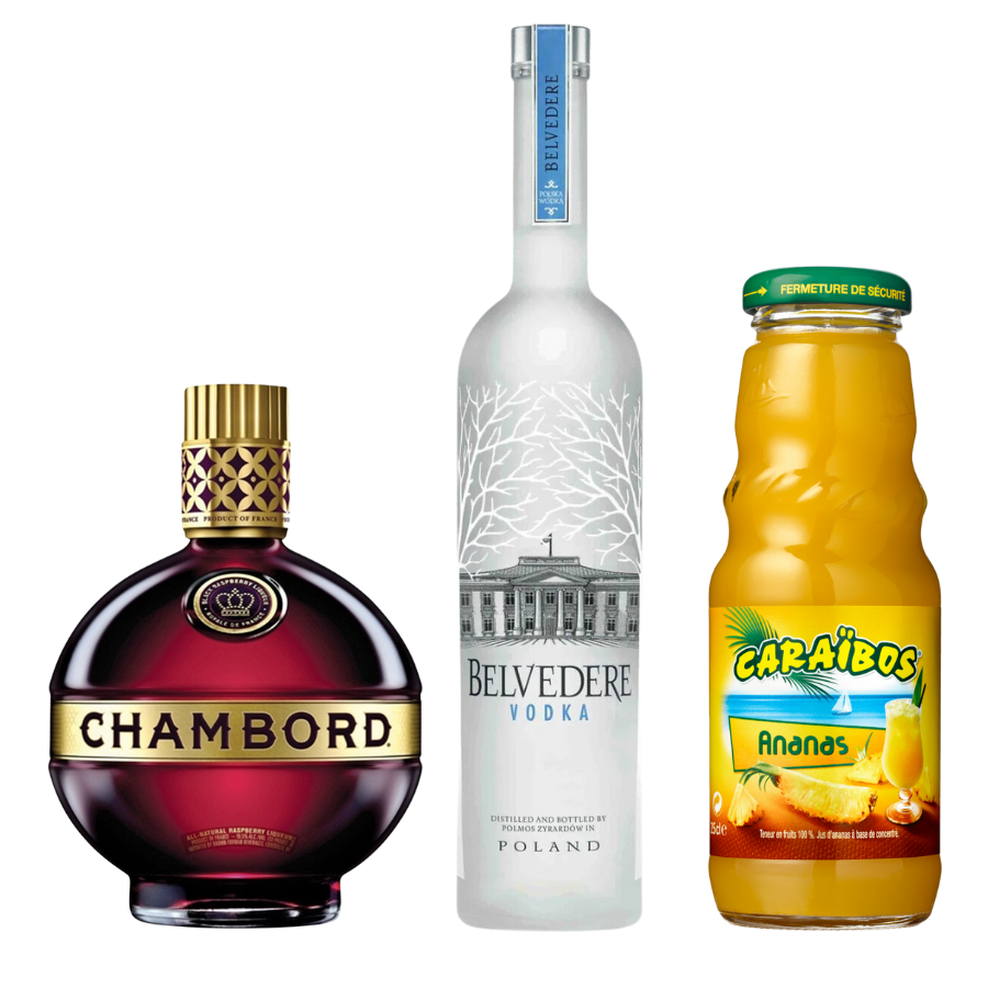Composition du kit cocktail French Martini avec de la loiqueur Chambord, vodka Belvedere et un nectar d'ananas Caraïbos - MAISON COCKTAIL