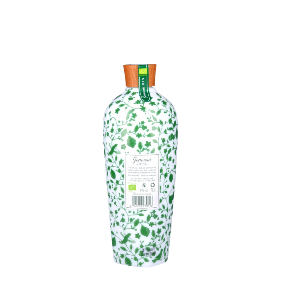 Étiquette arrière de Generous Gin Bio 70 cl - Gin français bio aux ingrédients naturels, distillé en Charente, avec informations sur les arômes de citron et coriandre. | MAISON COCKTAIL