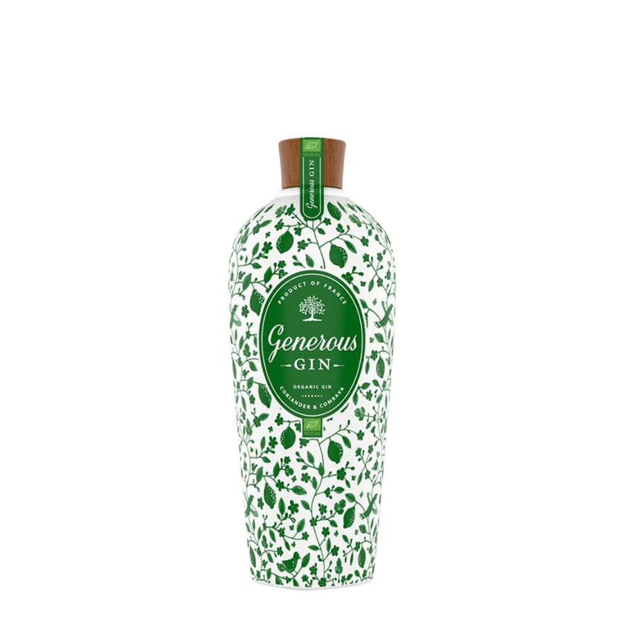 Bouteille de face de Generous Gin Bio 70 cl - Gin français biologique aux notes de citron et coriandre, dans une élégante bouteille blanche avec motifs floraux verts | MAISON COCKTAIL