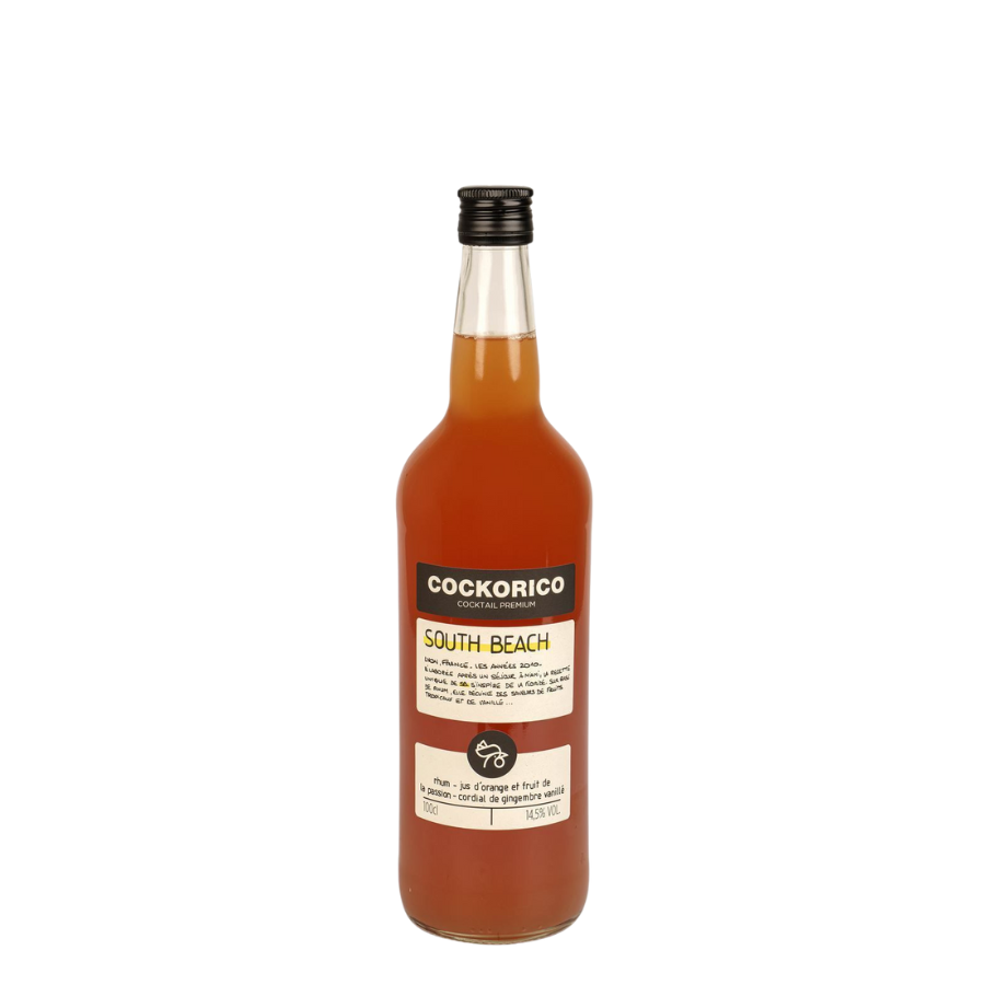 Vue de la bouteille du cocktail prêt à boire de COCKORICO recette SOUTH BEACH en 1 litre | MAISON COCKTAIL