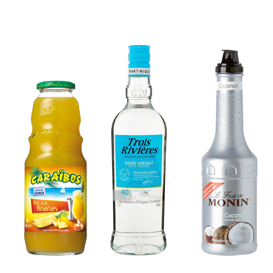Contenu du kit cocktail recette Pina Colada comprenant 2 bouteilles d'1L de nectar d'ananas Caraïbes, 1 bouteille de rhum Trois Rivières Cuvée Spéciale, et une bouteille de purée de fruit Monin coco 1L | MAISON COCKTAIL