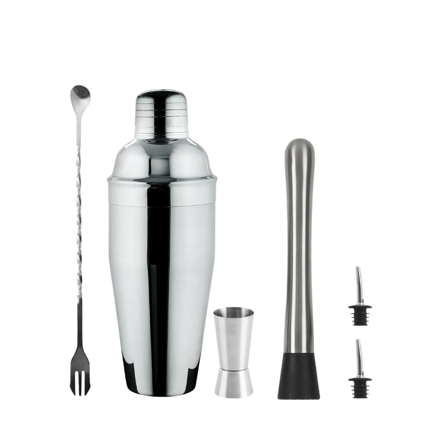 Set cocktail 6 pièces en acier inoxydable avec shaker Boston, jigger double mesure, cuillère de bar et tamis intégré, présenté sur un fond élégant | MAISON COCKTAIL