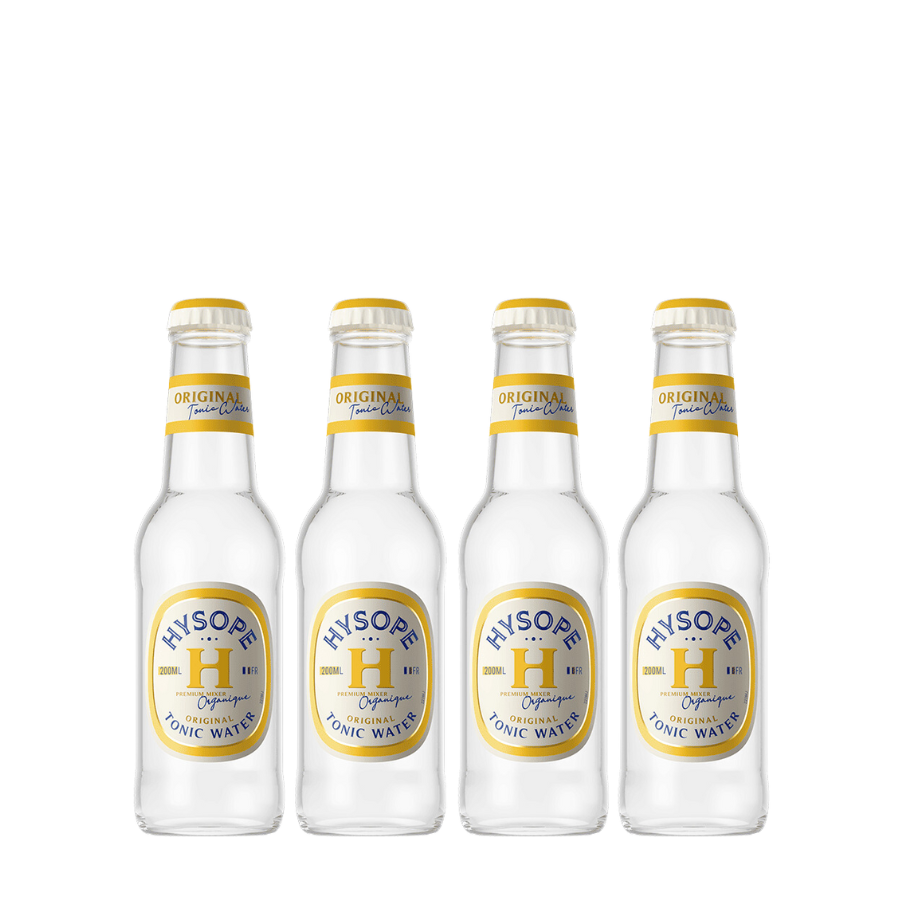 Quatre bouteilles de Tonic Hysope alignées de face, illustrant la gamme artisanale et bio idéale pour sublimer vos cocktails | MAISON COCKTAIL