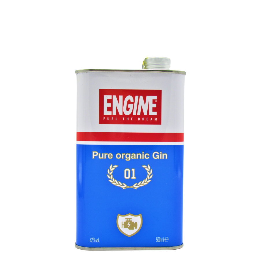 Admirez la bouteille de Gin Engine, un London Dry gin artisanal au design élégant. Son flacon blanc, inspiré des bidons de carburant, est orné de motifs floraux noirs qui évoquent à la fois modernité et tradition. Cette présentation visuelle reflète l'authenticité du gin et met en valeur son caractère unique, tout en attirant l'œil des amateurs de spiritueux | MAISON COCKTAIL