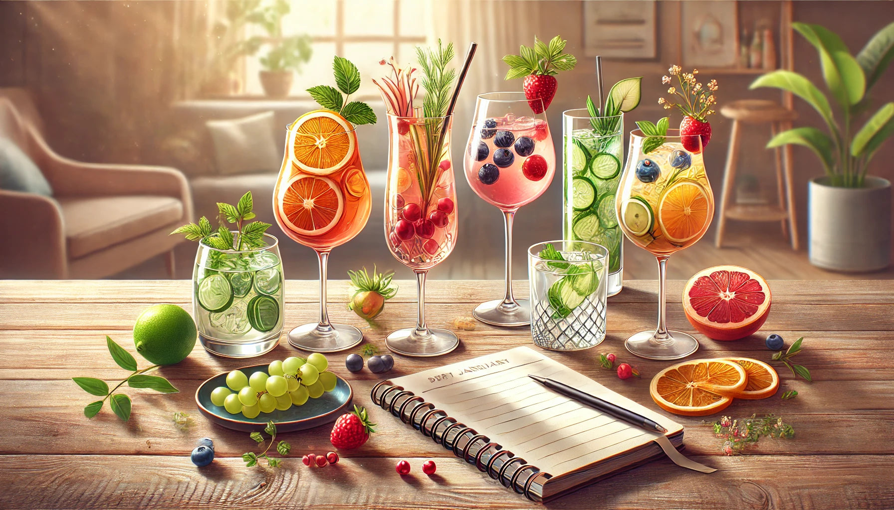 Illustration réaliste montrant des cocktails sans alcool colorés sur une table en bois moderne, accompagnés d'un carnet et d'un stylo pour symboliser la planification du Dry January | MAISON COCKTAIL