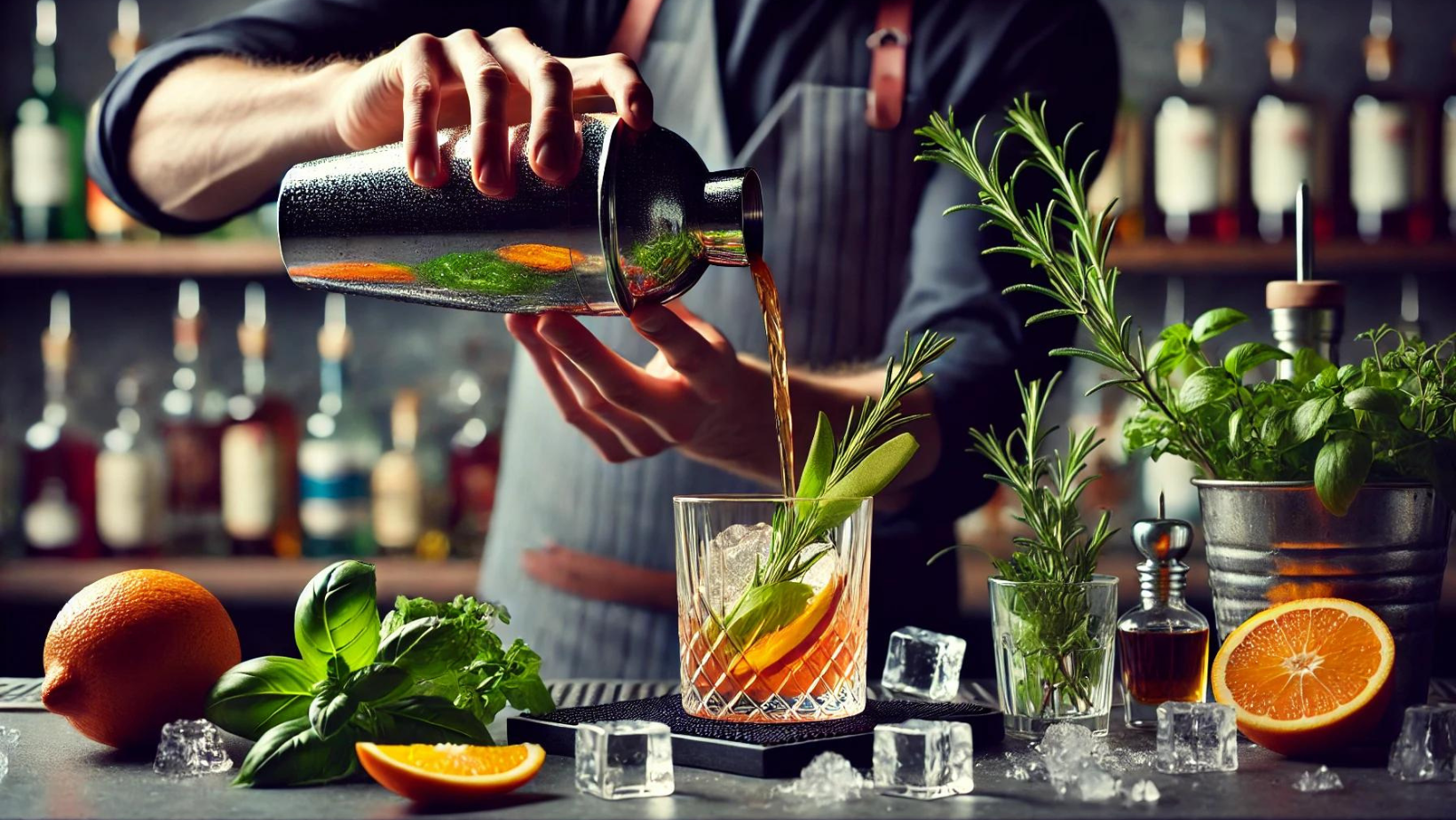 Gros plan sur un barman préparant un cocktail avec des ingrédients frais, herbes, agrumes et glaçons, dans un bar élégant | MAISON COCKTAIL