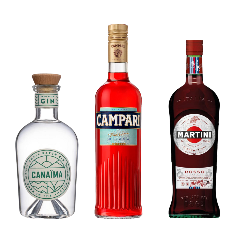 Contenu du kit cocktail NEGRONI comprenant 1 bouteille de gin Canaïma, 1 bouteille de Campari, et 1 bouteille de Martini Rouge | MAISON COCKTAIL